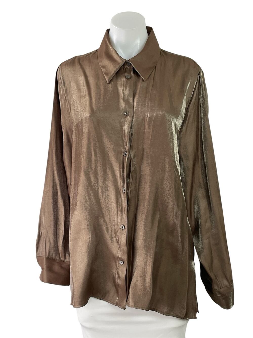 NEW Zara Womens Brown Silky Satin Long Sleeve Button Down Shirt Blouse Top Sz XL
